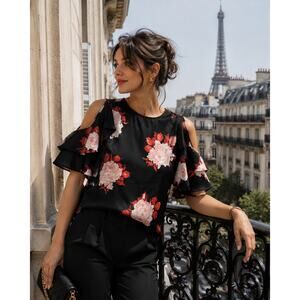 GANNI Cold Shoulder Floral Satin Blouse Ruffle Sleeve Black Red Size 38 Small